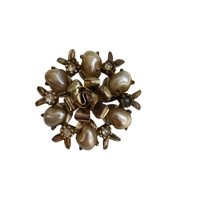 Art Deco c.1930s Coro Faux Pearl & Rhinestone Rose Brooch | Rare "DES. PAT. PEND." Hallmark | Fundraiser Supports Sustainable Fashion Educat