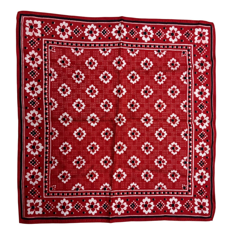 Vintage Red Floral Bandana Scarf With Black White Accents Retro Boho Accessory Cotton Blend