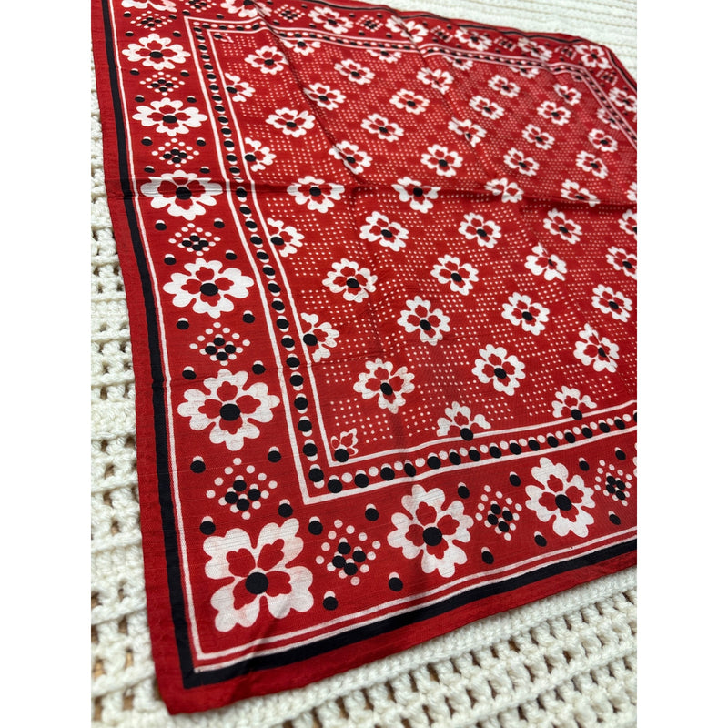 Vintage Red Floral Bandana Scarf With Black White Accents Retro Boho Accessory Cotton Blend