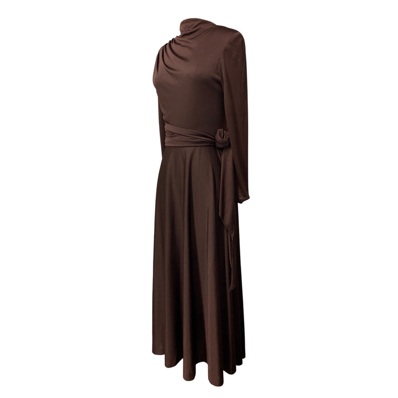 Handmade Chocolate Brown Long-Sleeve Maxi Dress With Draped Neck And Tie Waist