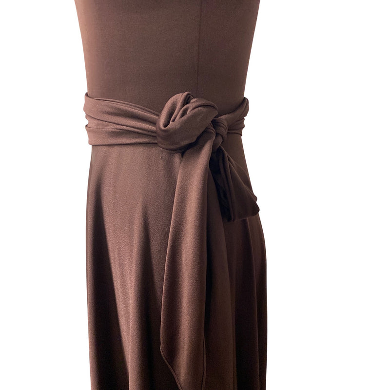 Handmade Chocolate Brown Long-Sleeve Maxi Dress With Draped Neck And Tie Waist