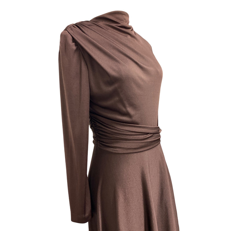 Handmade Chocolate Brown Long-Sleeve Maxi Dress With Draped Neck And Tie Waist