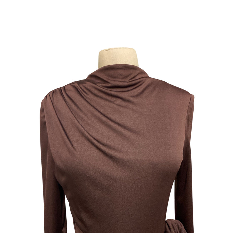 Handmade Chocolate Brown Long-Sleeve Maxi Dress With Draped Neck And Tie Waist