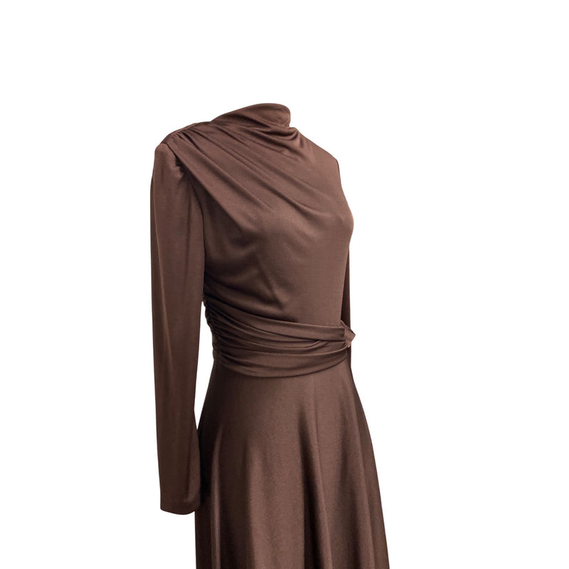 Handmade Chocolate Brown Long-Sleeve Maxi Dress With Draped Neck And Tie Waist