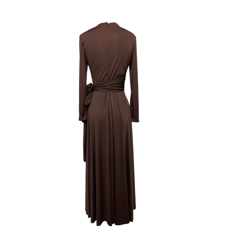 Handmade Chocolate Brown Long-Sleeve Maxi Dress With Draped Neck And Tie Waist