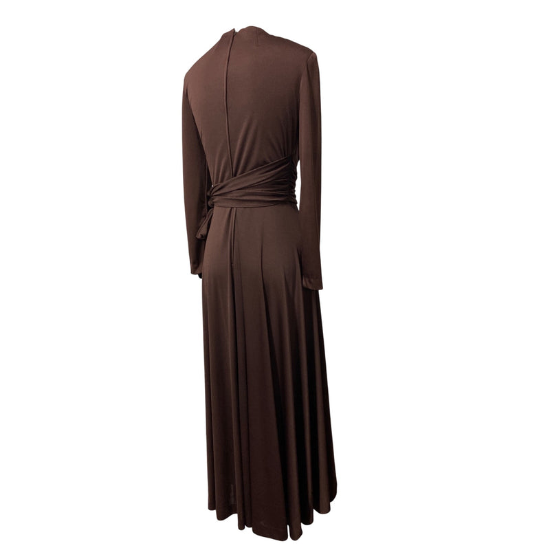 Handmade Chocolate Brown Long-Sleeve Maxi Dress With Draped Neck And Tie Waist