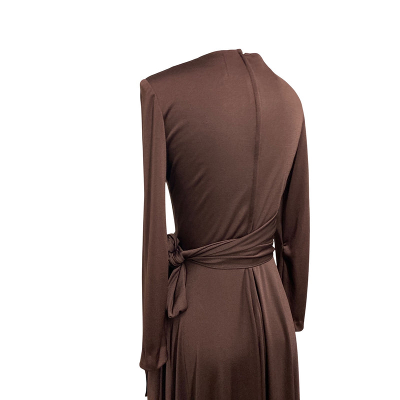 Handmade Chocolate Brown Long-Sleeve Maxi Dress With Draped Neck And Tie Waist