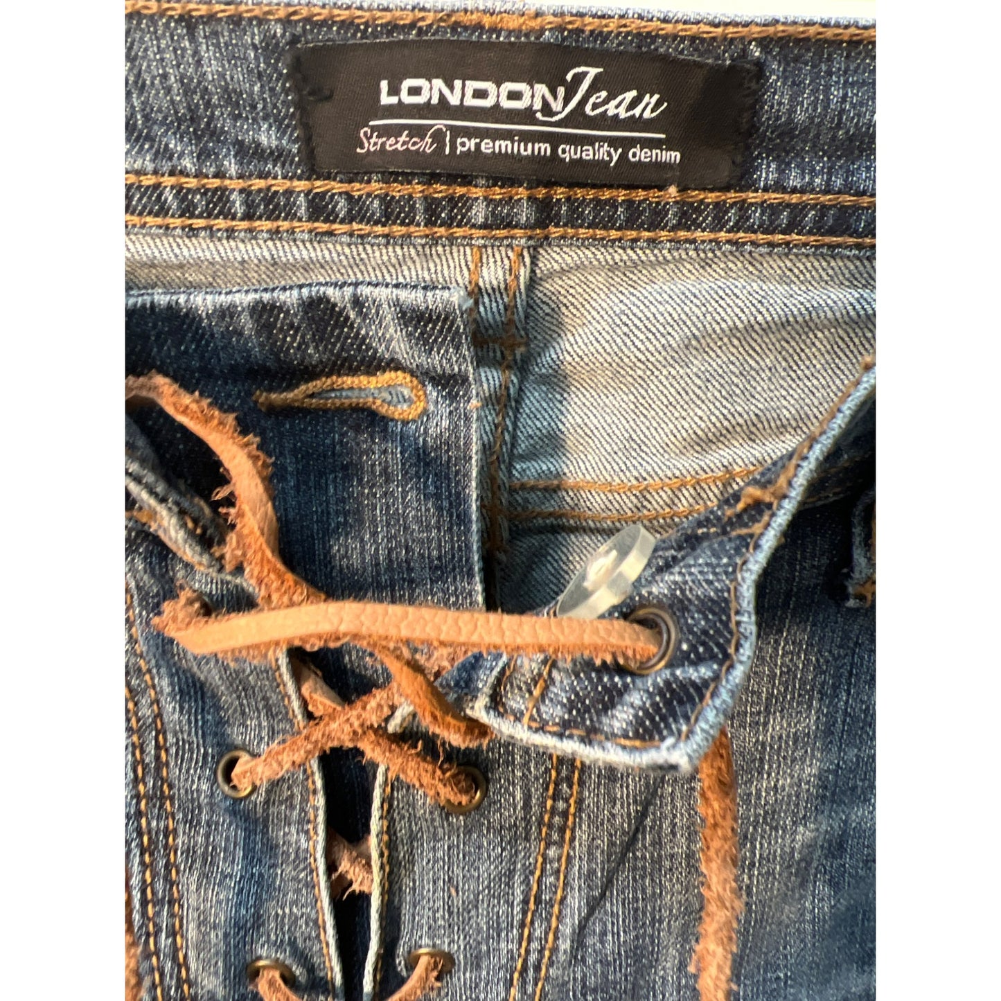 London Jean Stretch Denim Size 8 Leather Lace-Up Jeans
