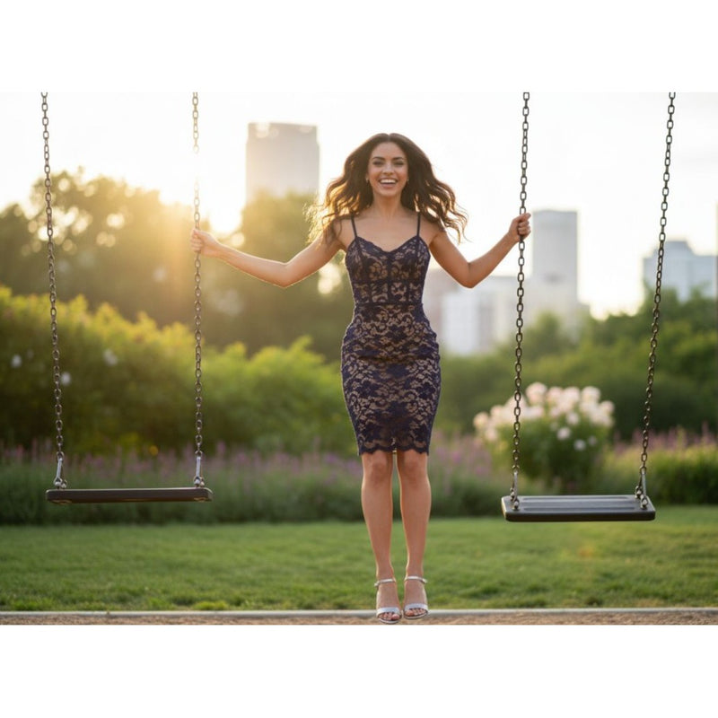 b darlin navy lace dress B. Darlin Pleated V-Neck Lace Up Back Long Dress