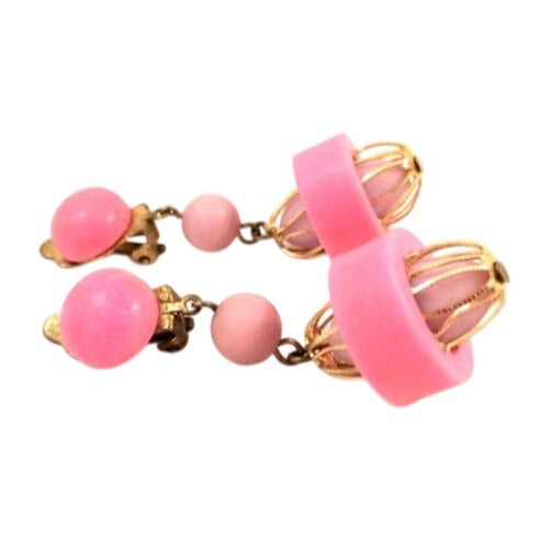 Vintage Pink Clip-On Earrings W/ Gold Cage and Beads Dangling Retro Jewelry Marked Hong Kong 2" Length 1950s 60s Charm