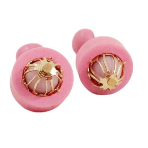 Vintage Pink Clip-On Earrings W/ Gold Cage and Beads Dangling Retro Jewelry Marked Hong Kong 2" Length 1950s 60s Charm