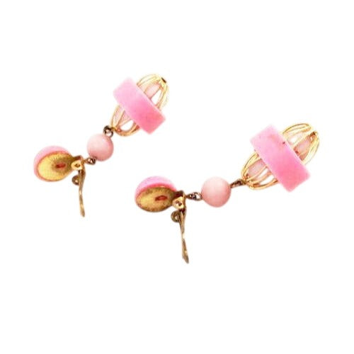 Vintage Pink Clip-On Earrings W/ Gold Cage and Beads Dangling Retro Jewelry Marked Hong Kong 2" Length 1950s 60s Charm