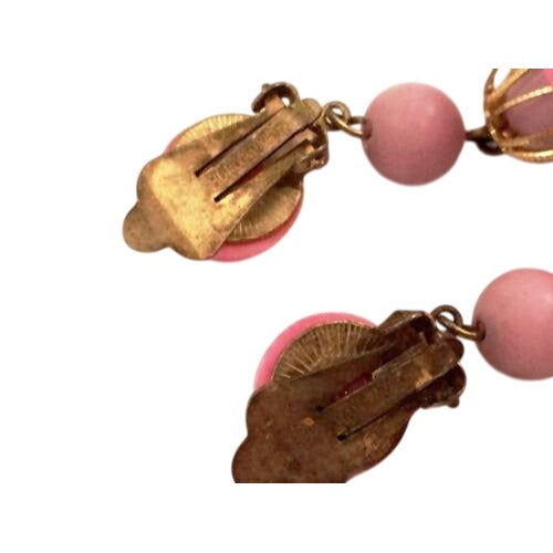 Vintage Pink Clip-On Earrings W/ Gold Cage and Beads Dangling Retro Jewelry Marked Hong Kong 2" Length 1950s 60s Charm