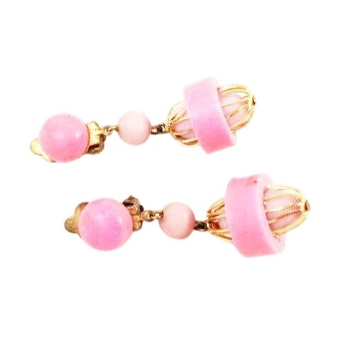 Vintage Pink Clip-On Earrings W/ Gold Cage and Beads Dangling Retro Jewelry Marked Hong Kong 2" Length 1950s 60s Charm