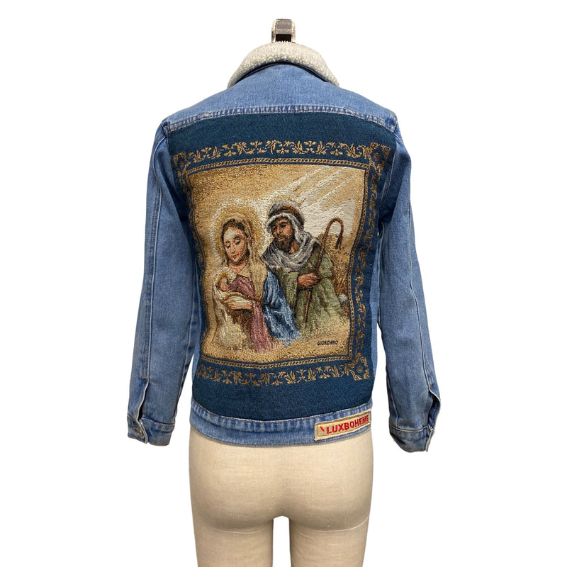 LUXBOHEME Upcycled Coat PACSUN Denim Sherpa Jean Jacket With Peace Patch, Fundraiser for Sustainable Fashion Education Programs