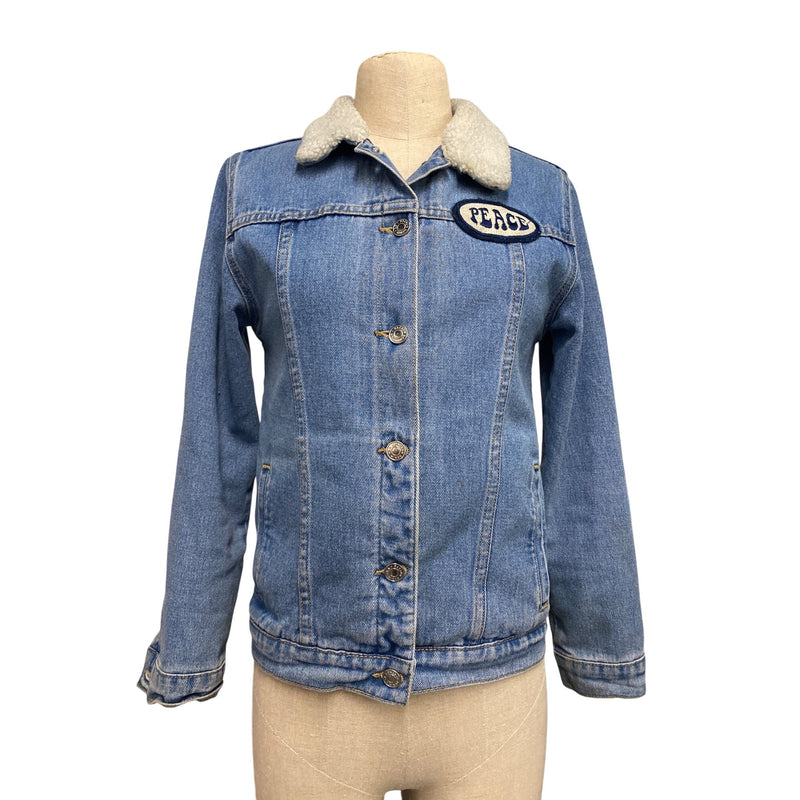 LUXBOHEME Upcycled Coat PACSUN Denim Sherpa Jean Jacket With Peace Patch, Fundraiser for Sustainable Fashion Education Programs