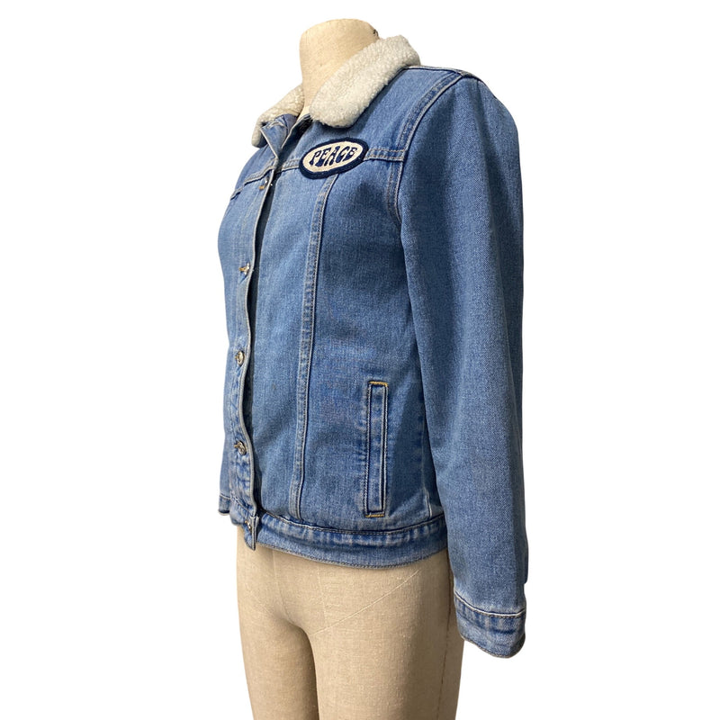 LUXBOHEME Upcycled Coat PACSUN Denim Sherpa Jean Jacket With Peace Patch, Fundraiser for Sustainable Fashion Education Programs