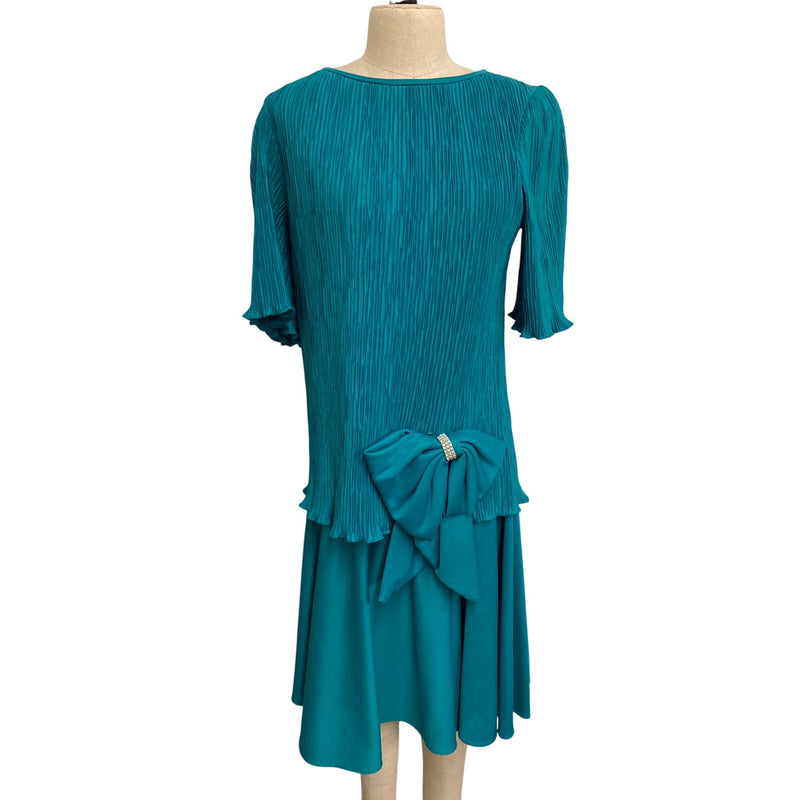 Vintage After Dark Teal Green Pleated Dress With Bow Accent & Rhinestone Detail Retro