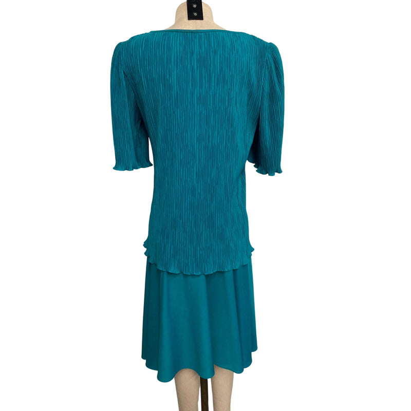 Vintage After Dark Teal Green Pleated Dress With Bow Accent & Rhinestone Detail Retro