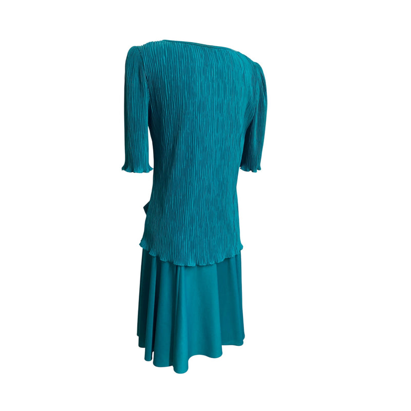 Vintage After Dark Teal Green Pleated Dress With Bow Accent & Rhinestone Detail Retro