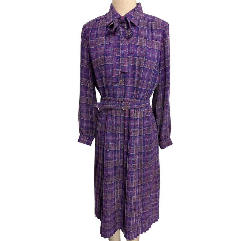 Vintage Purple Plaid Laquian By Kobino Pleated Long Sleeve Dress With Bow Tie Neckline and Belt Fundraiser for Sustainable Fashion Education