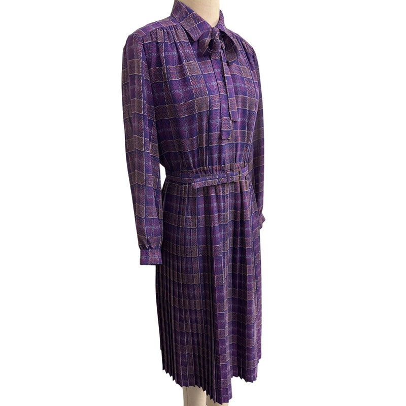 Vintage Purple Plaid Laquian By Kobino Pleated Long Sleeve Dress With Bow Tie Neckline and Belt Fundraiser for Sustainable Fashion Education