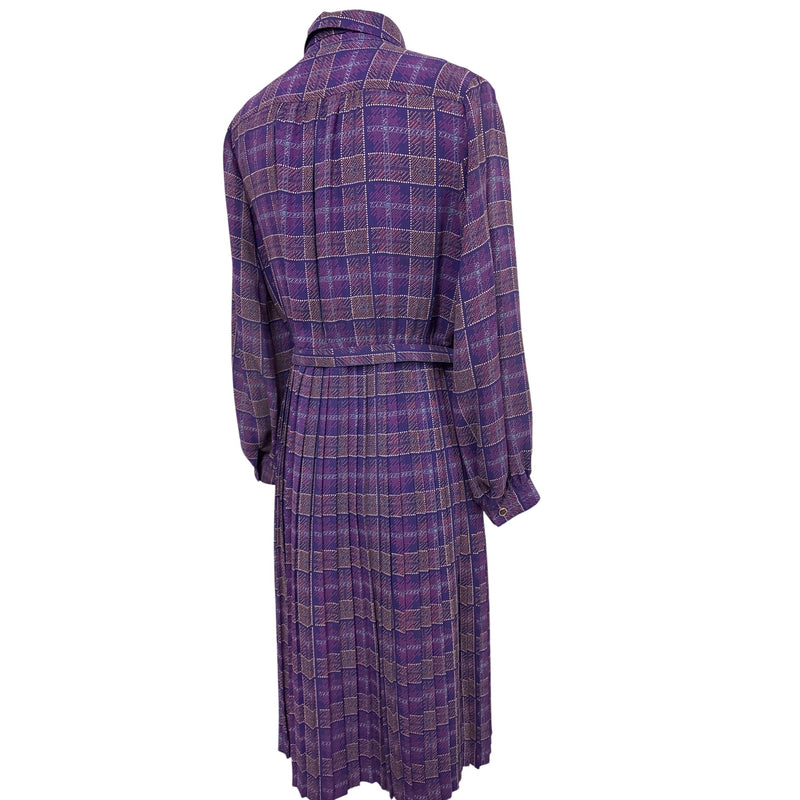 Vintage Purple Plaid Laquian By Kobino Pleated Long Sleeve Dress With Bow Tie Neckline and Belt Fundraiser for Sustainable Fashion Education