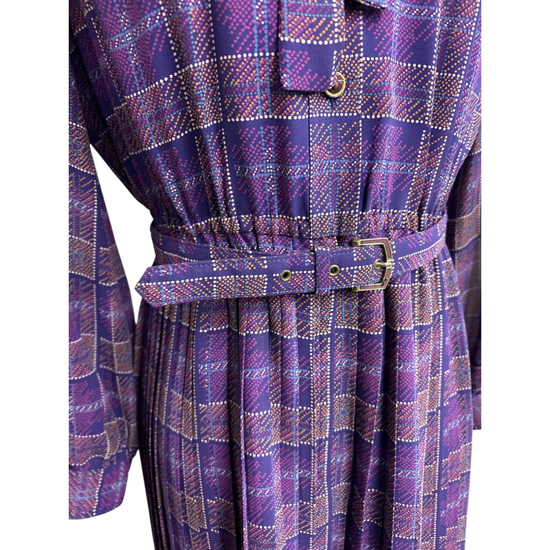 Vintage Purple Plaid Laquian By Kobino Pleated Long Sleeve Dress With Bow Tie Neckline and Belt Fundraiser for Sustainable Fashion Education