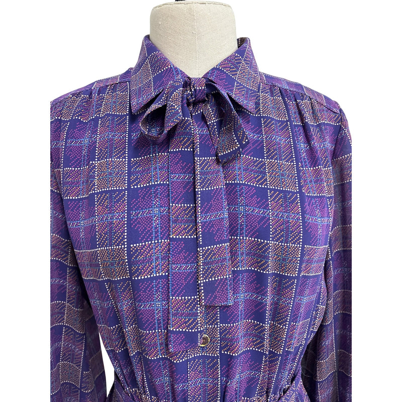 Vintage Purple Plaid Laquian By Kobino Pleated Long Sleeve Dress With Bow Tie Neckline and Belt Fundraiser for Sustainable Fashion Education