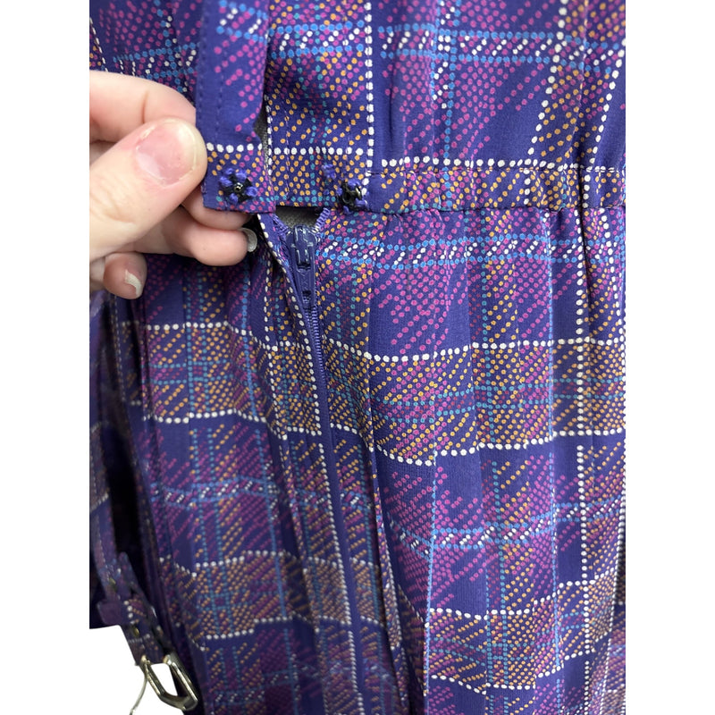 Vintage Purple Plaid Laquian By Kobino Pleated Long Sleeve Dress With Bow Tie Neckline and Belt Fundraiser for Sustainable Fashion Education