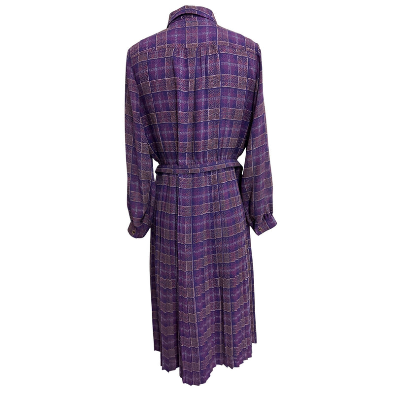 Vintage Purple Plaid Laquian By Kobino Pleated Long Sleeve Dress With Bow Tie Neckline and Belt Fundraiser for Sustainable Fashion Education