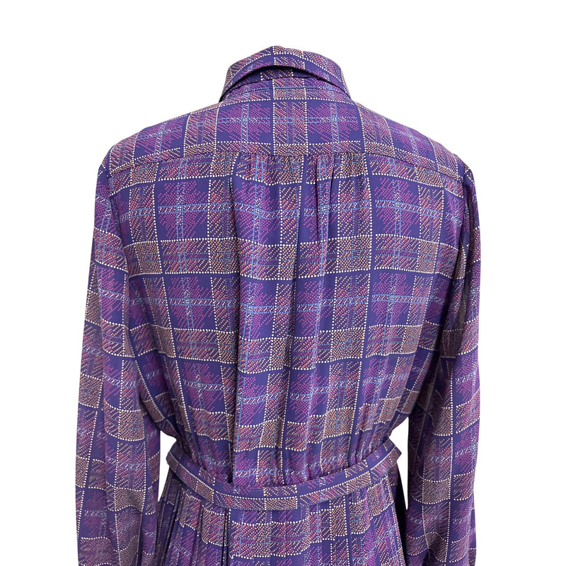 Vintage Purple Plaid Laquian By Kobino Pleated Long Sleeve Dress With Bow Tie Neckline and Belt Fundraiser for Sustainable Fashion Education