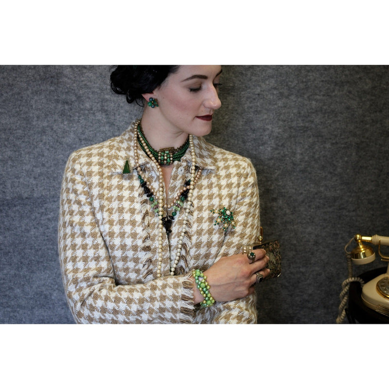 Vintage Emerald Green Rhinestone Pearl Floral Spray Brooch 1950s-60s Baroque Pearls Fundraiser for Sustainable Fashion Education Programs