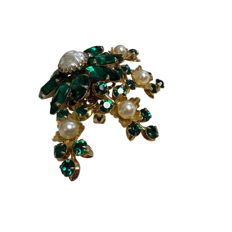 Vintage Emerald Green Rhinestone Pearl Floral Spray Brooch 1950s-60s Baroque Pearls Fundraiser for Sustainable Fashion Education Programs