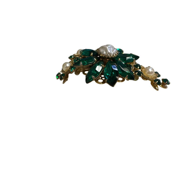 Vintage Emerald Green Rhinestone Pearl Floral Spray Brooch 1950s-60s Baroque Pearls Fundraiser for Sustainable Fashion Education Programs