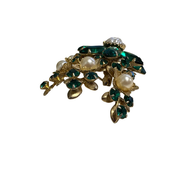 Vintage Emerald Green Rhinestone Pearl Floral Spray Brooch 1950s-60s Baroque Pearls Fundraiser for Sustainable Fashion Education Programs