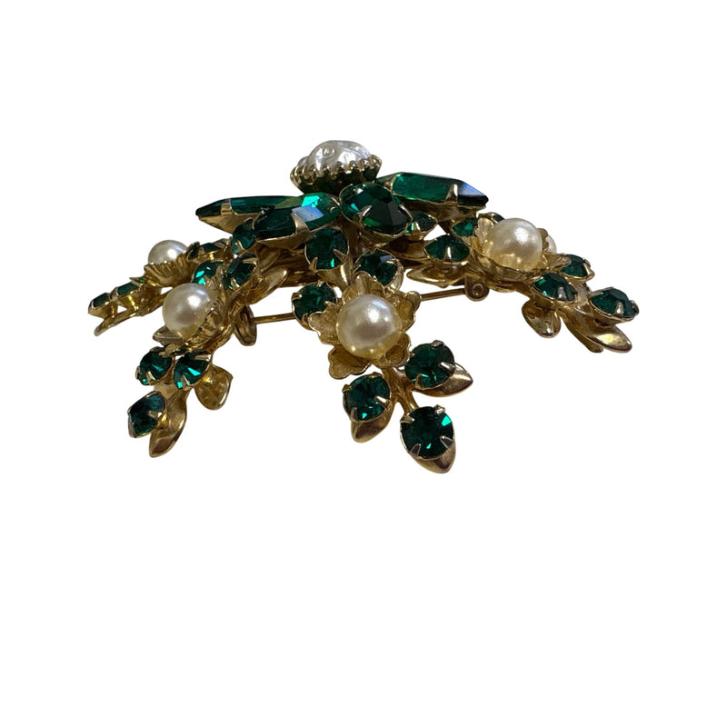 Vintage Emerald Green Rhinestone Pearl Floral Spray Brooch 1950s-60s Baroque Pearls Fundraiser for Sustainable Fashion Education Programs