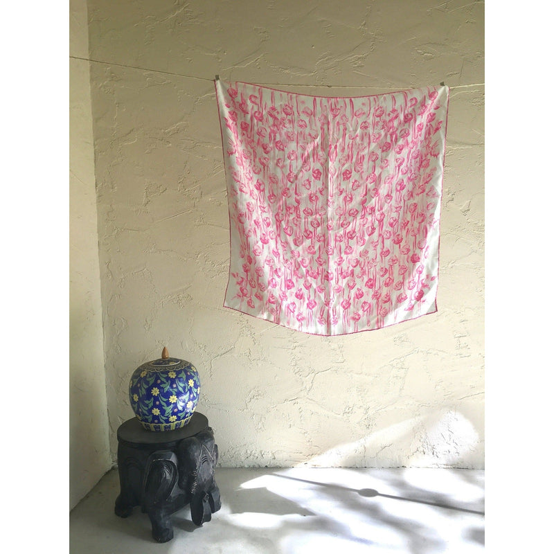 Pink & White Flamingo Print Silk Scarf 23" Square Hand-Rolled Edges