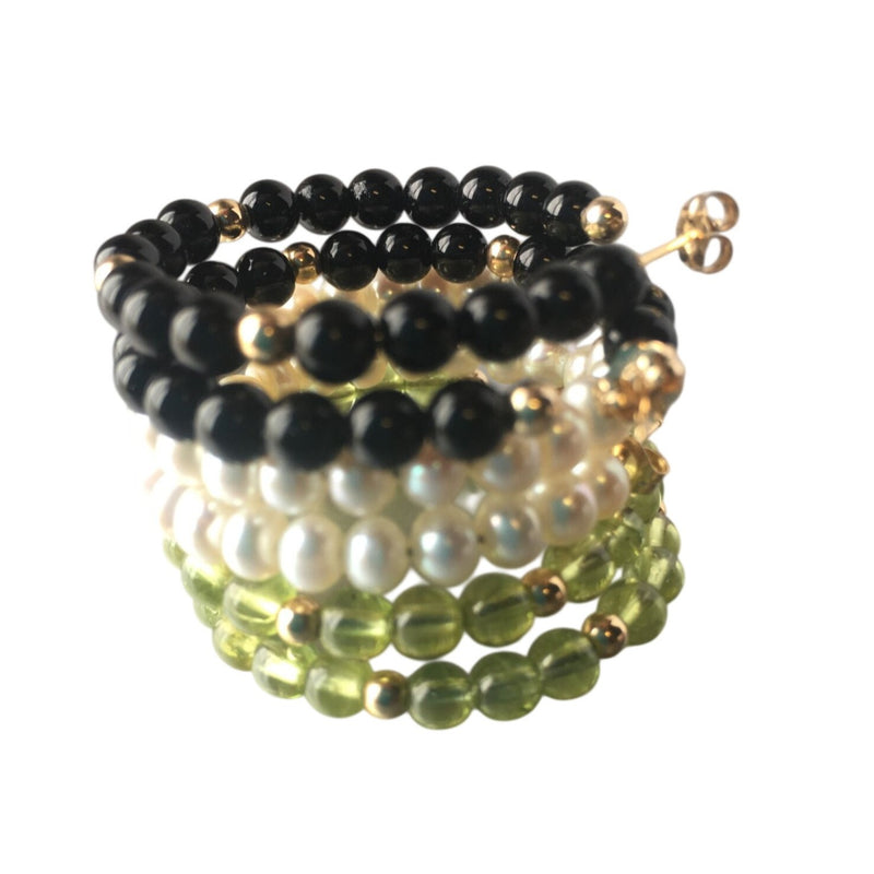 Vintage Jewelry Set Beaded Pearl Black Onyx Green Peridot Hoop Earrings Set With Gold Accents - Trio For Elegant Styling