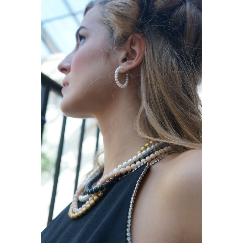 Vintage Jewelry Set Beaded Pearl Black Onyx Green Peridot Hoop Earrings Set With Gold Accents - Trio For Elegant Styling