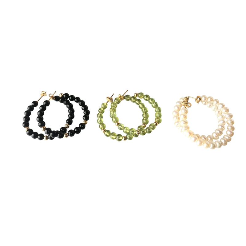 Vintage Jewelry Set Beaded Pearl Black Onyx Green Peridot Hoop Earrings Set With Gold Accents - Trio For Elegant Styling