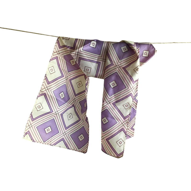 Vintage Geometric Diamond Print Silk Scarf In Purple Cream
