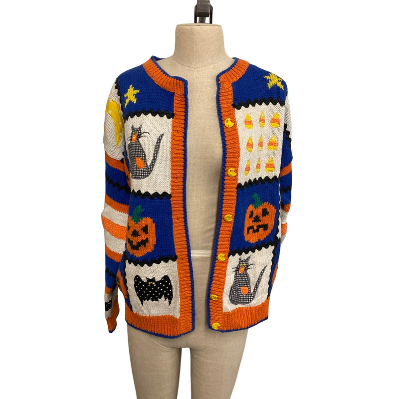Belle Pointe Vintage Fall Autumn Cardigan Sweater With Pumpkin & Cat Whimsical Pattern