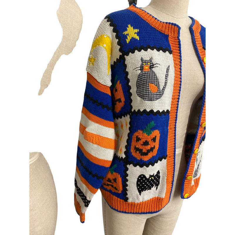Belle Pointe Vintage Fall Autumn Cardigan Sweater With Pumpkin & Cat Whimsical Pattern