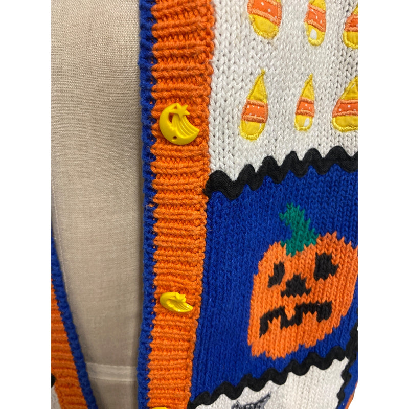 Belle Pointe Vintage Fall Autumn Cardigan Sweater With Pumpkin & Cat Whimsical Pattern