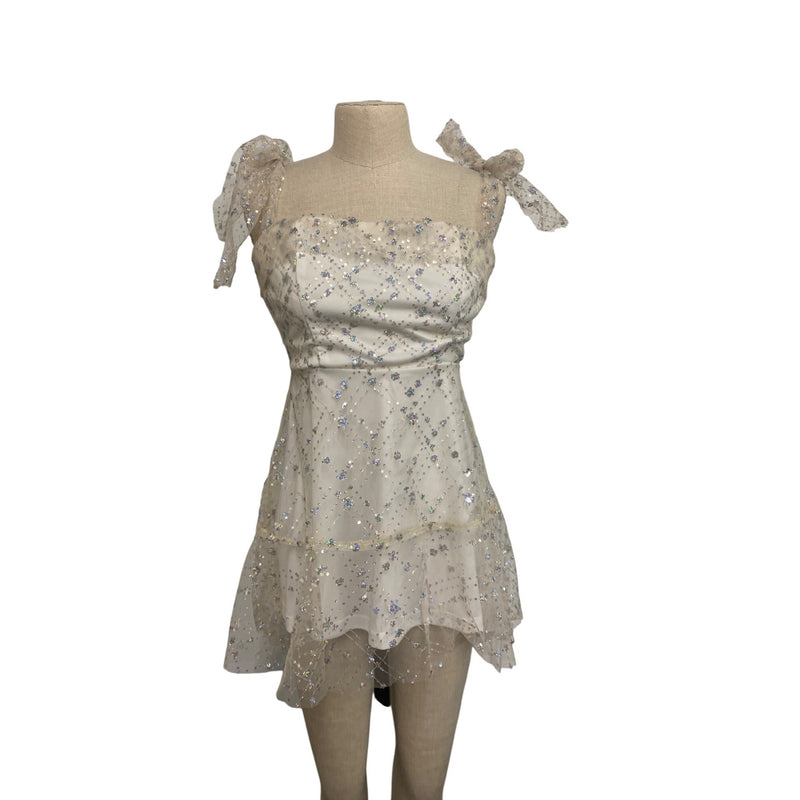 Lucy in the Sky Los Angeles Sequin Embellished Sheer Layered Mini Dress With Bow Tie Straps