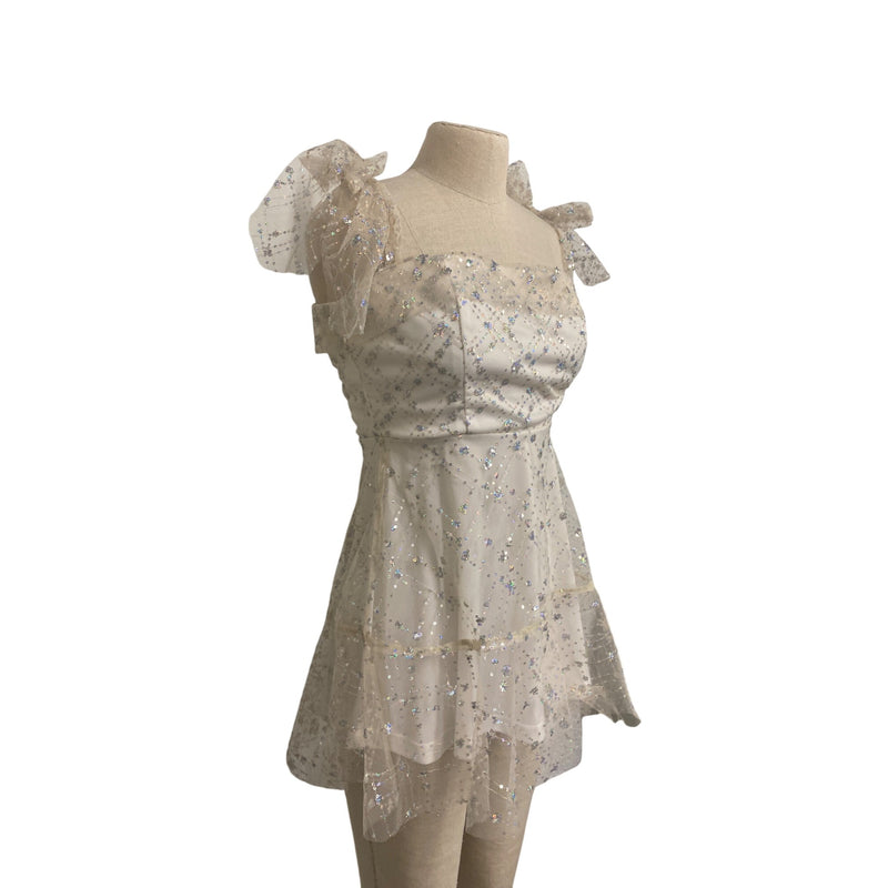 Lucy in the Sky Los Angeles Sequin Embellished Sheer Layered Mini Dress With Bow Tie Straps