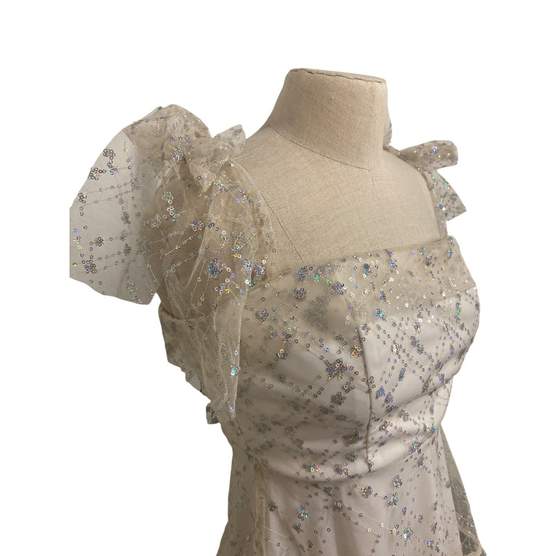 Lucy in the Sky Los Angeles Sequin Embellished Sheer Layered Mini Dress With Bow Tie Straps