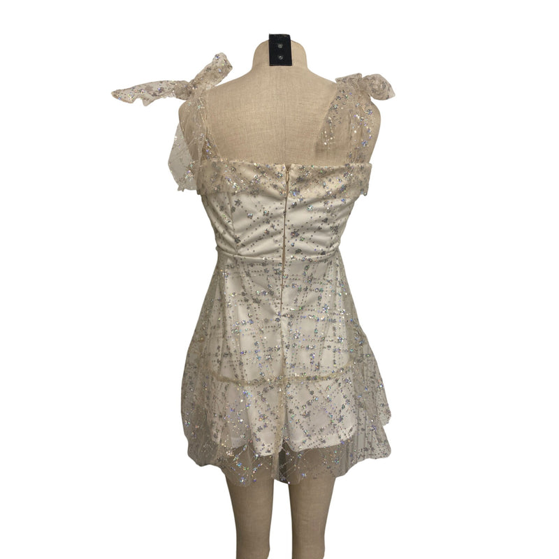 Lucy in the Sky Los Angeles Sequin Embellished Sheer Layered Mini Dress With Bow Tie Straps