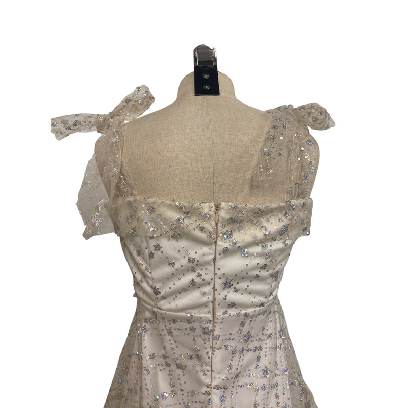 Lucy in the Sky Los Angeles Sequin Embellished Sheer Layered Mini Dress With Bow Tie Straps